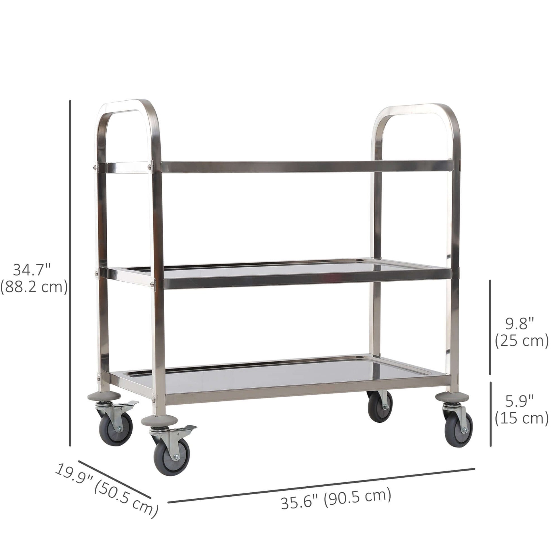 HOMCOM 35.6" 3-Tier Kitchen Trolley Medical Treatment Laboratory Equipment Carts, Stainless Steel Rolling Kitchen Island, Wheeled Storage Utility Serving Cart, 330LBS Heavy Gauge