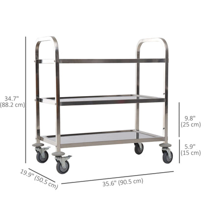 HOMCOM 35.6" 3-Tier Kitchen Trolley Medical Treatment Laboratory Equipment Carts, Stainless Steel Rolling Kitchen Island, Wheeled Storage Utility Serving Cart, 330LBS Heavy Gauge