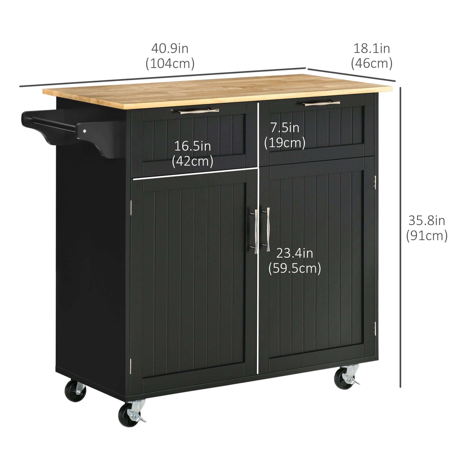 HOMCOM Rolling Kitchen Island, Kitchen Cart on Wheels with 2 Storage Drawers, 2 Door Cabinets and Towel Rack for Dining Room (Black, 2-Doors)
