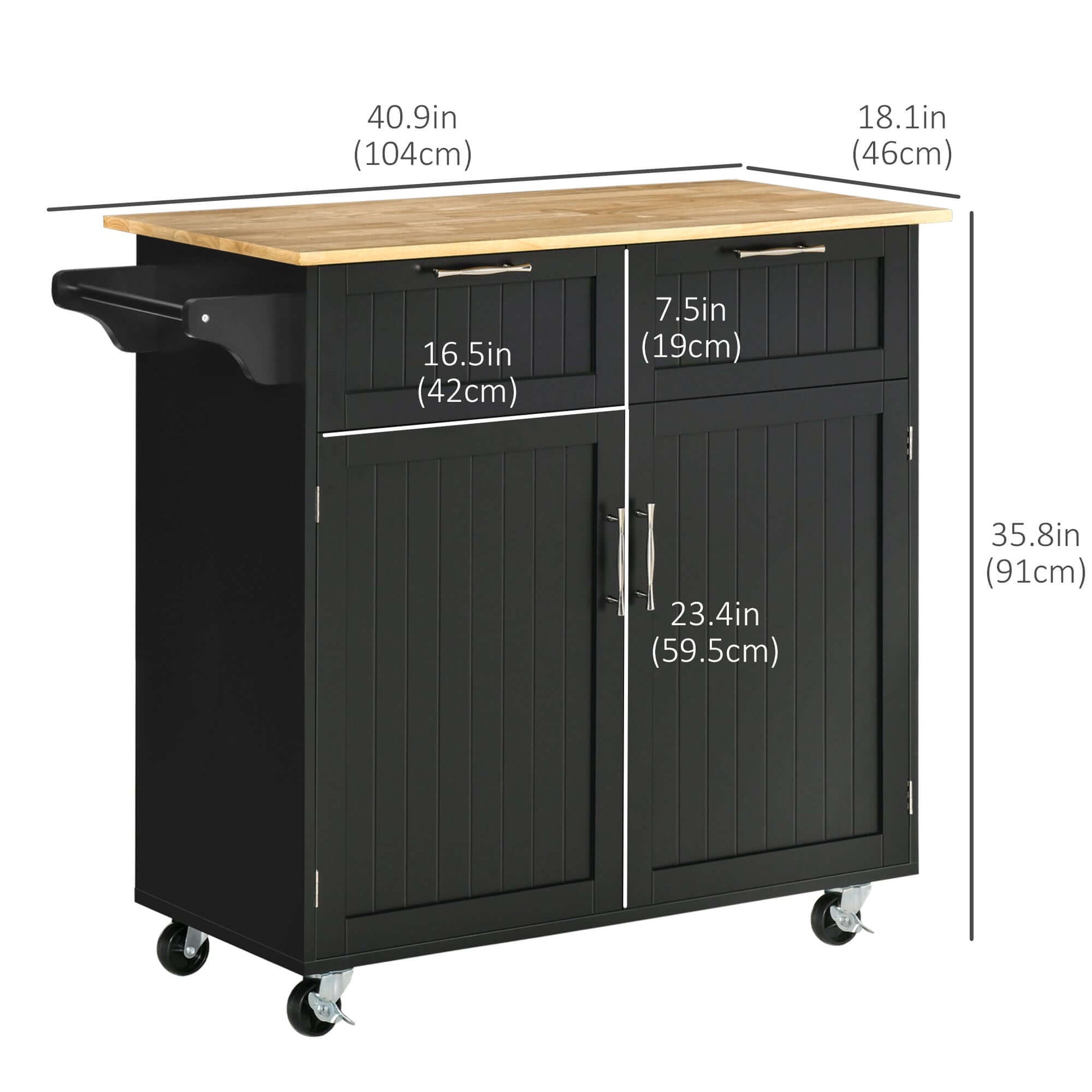 HOMCOM Rolling Kitchen Island, Kitchen Cart on Wheels with 2 Storage Drawers, 2 Door Cabinets and Towel Rack for Dining Room (Black, 2-Doors)