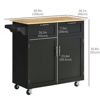 HOMCOM Rolling Kitchen Island, Kitchen Cart on Wheels with 2 Storage Drawers, 2 Door Cabinets and Towel Rack for Dining Room (Black, 2-Doors)