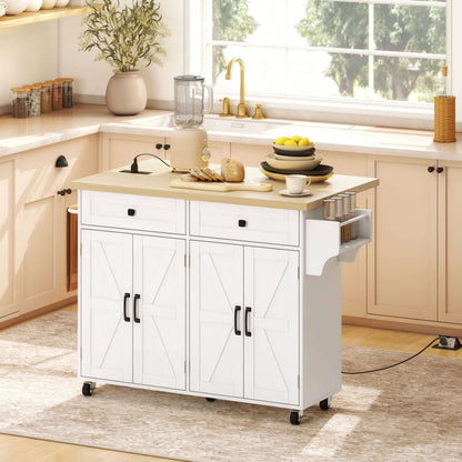 HOMCOM Kitchen Island with Storage, Rolling Kitchen Cart with Charging Station, Drop Leaf, Spice Rack, Towel Rack, Drawers