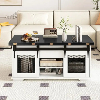 Lift Top Coffee Table with 2 Sliding Barn Doors-Black