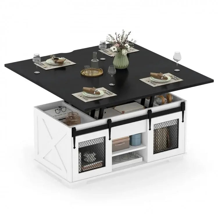 Lift Top Coffee Table with 2 Sliding Barn Doors-Black
