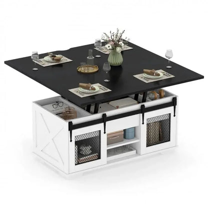 Lift Top Coffee Table with 2 Sliding Barn Doors-Black