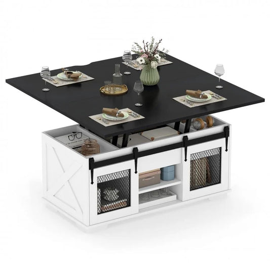 Lift Top Coffee Table with 2 Sliding Barn Doors-Black