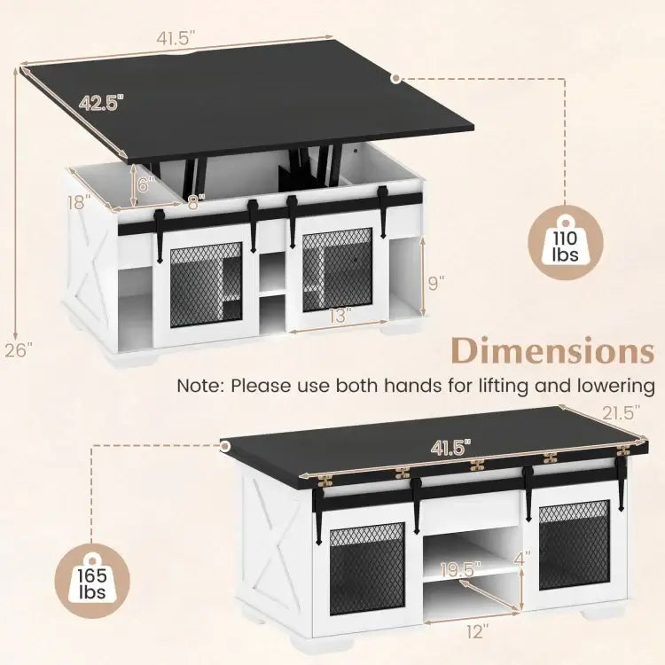 Lift Top Coffee Table with 2 Sliding Barn Doors-Black