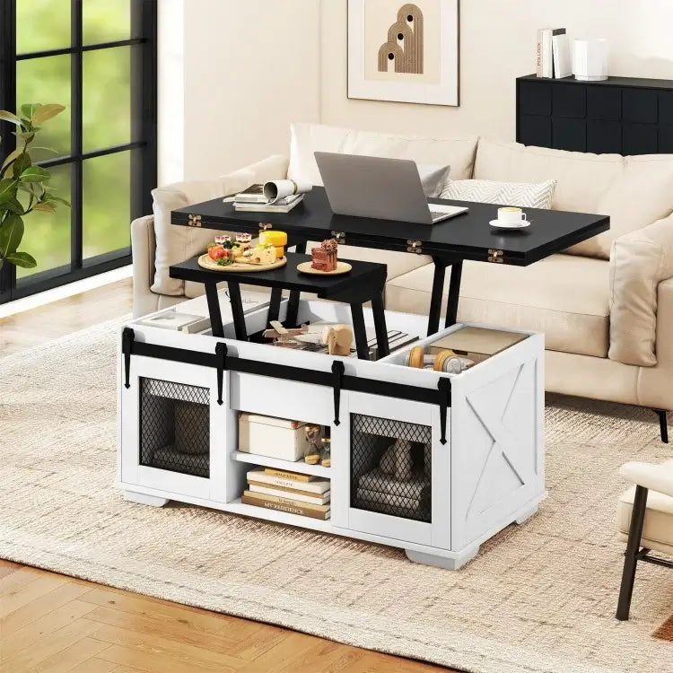 Lift Top Coffee Table with 2 Sliding Barn Doors-Black