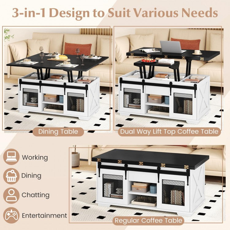 Lift Top Coffee Table with 2 Sliding Barn Doors-Black