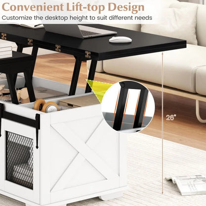 Lift Top Coffee Table with 2 Sliding Barn Doors-Black