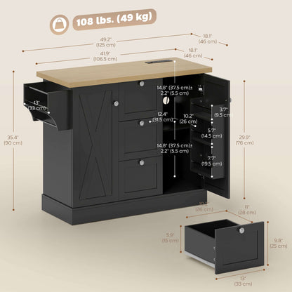 HOMCOM Farmhouse Kitchen Island Cart with Power Outlet and Soft-Close Doors, 49" Kitchen Island with 3 Drawers, Black