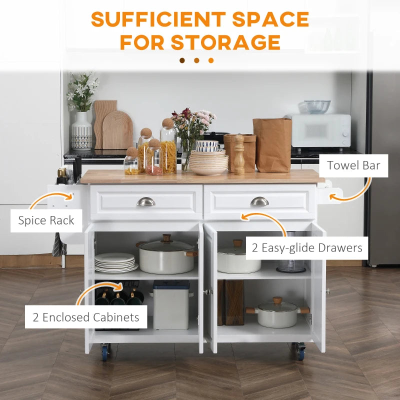 HOMCOM Rolling Kitchen Island on Wheels Utility Cart with Drop-Leaf and Rubber Wood Countertop, Storage Drawers, Door Cabinets, White | Aosom Canada