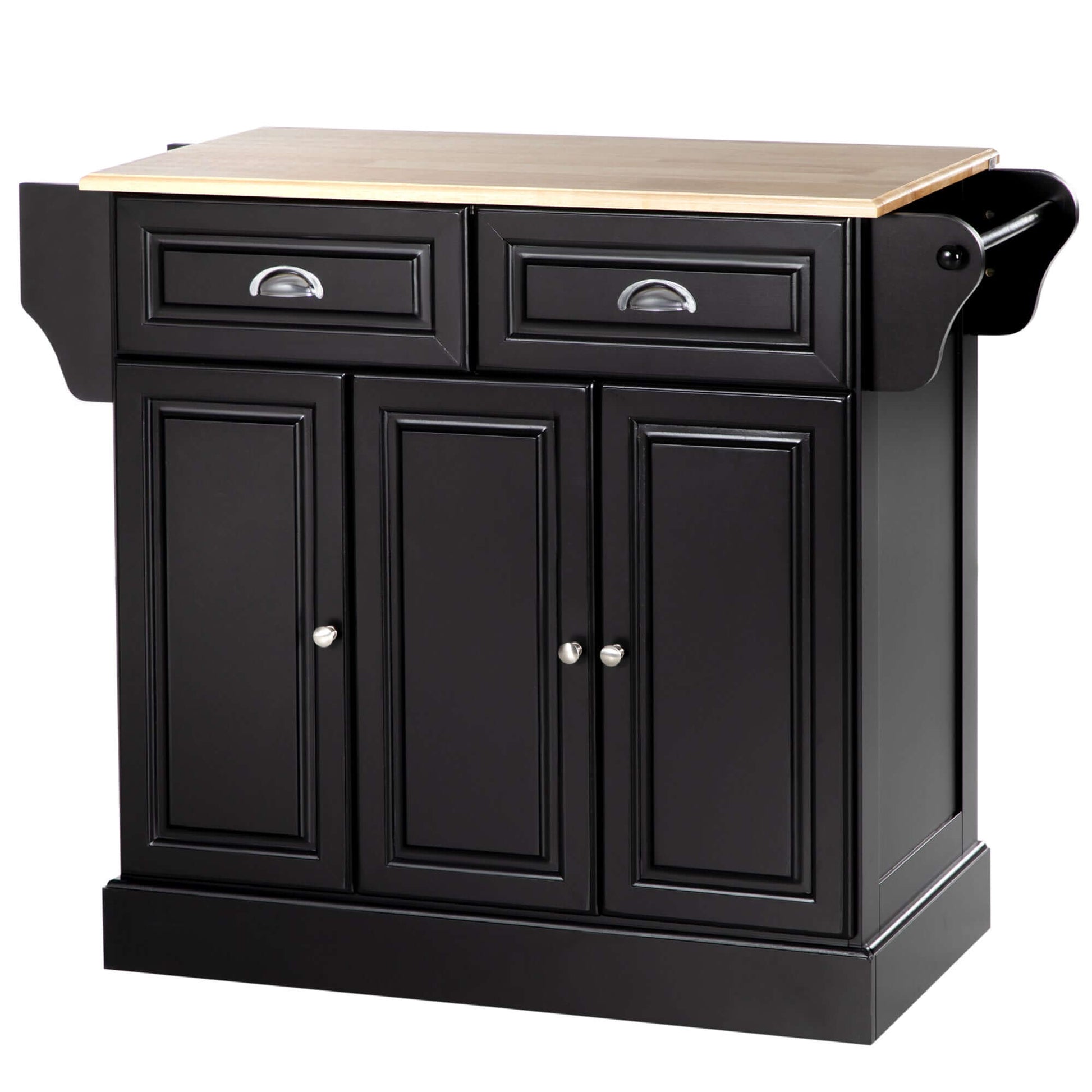 HOMCOM Kitchen Island with Storage Rolling Kitchen Serving Cart with Rubber Wood Top Towel Rack Storage Drawer Cabinet, Black