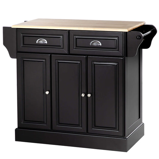 HOMCOM Kitchen Island with Storage Rolling Kitchen Serving Cart with Rubber Wood Top Towel Rack Storage Drawer Cabinet, Black