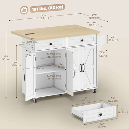 HOMCOM Kitchen Island with Storage, Rolling Kitchen Cart with Charging Station, Drop Leaf, Spice Rack, Towel Rack, Drawers