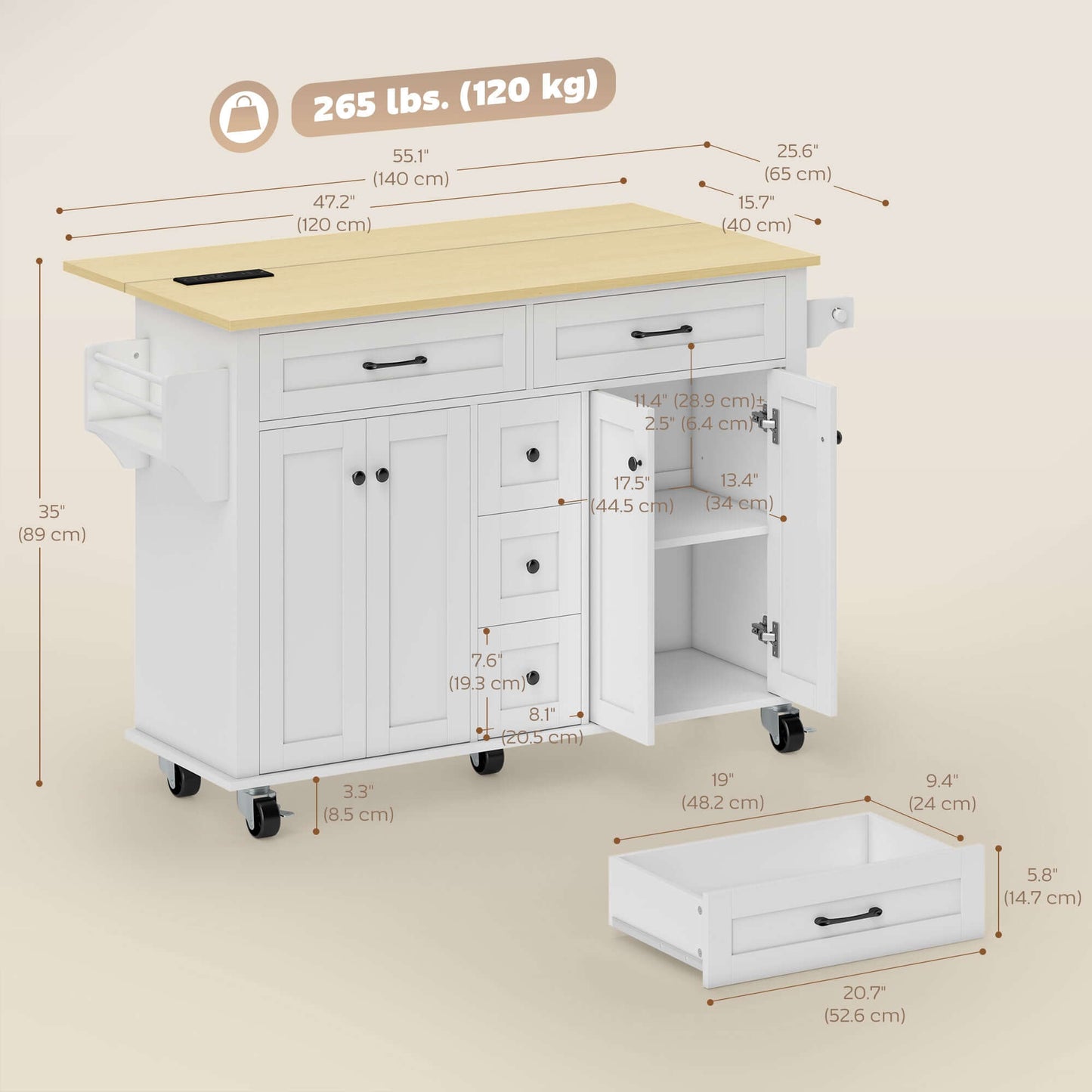 HOMCOM Kitchen Island Cart with Power Outlet & Drop Leaf, 55" Rolling Kitchen Island on Wheels with Storage, White