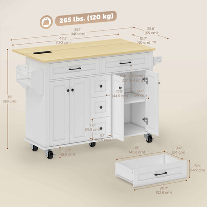 HOMCOM Kitchen Island Cart with Power Outlet & Drop Leaf, 55" Rolling Kitchen Island on Wheels with Storage, White