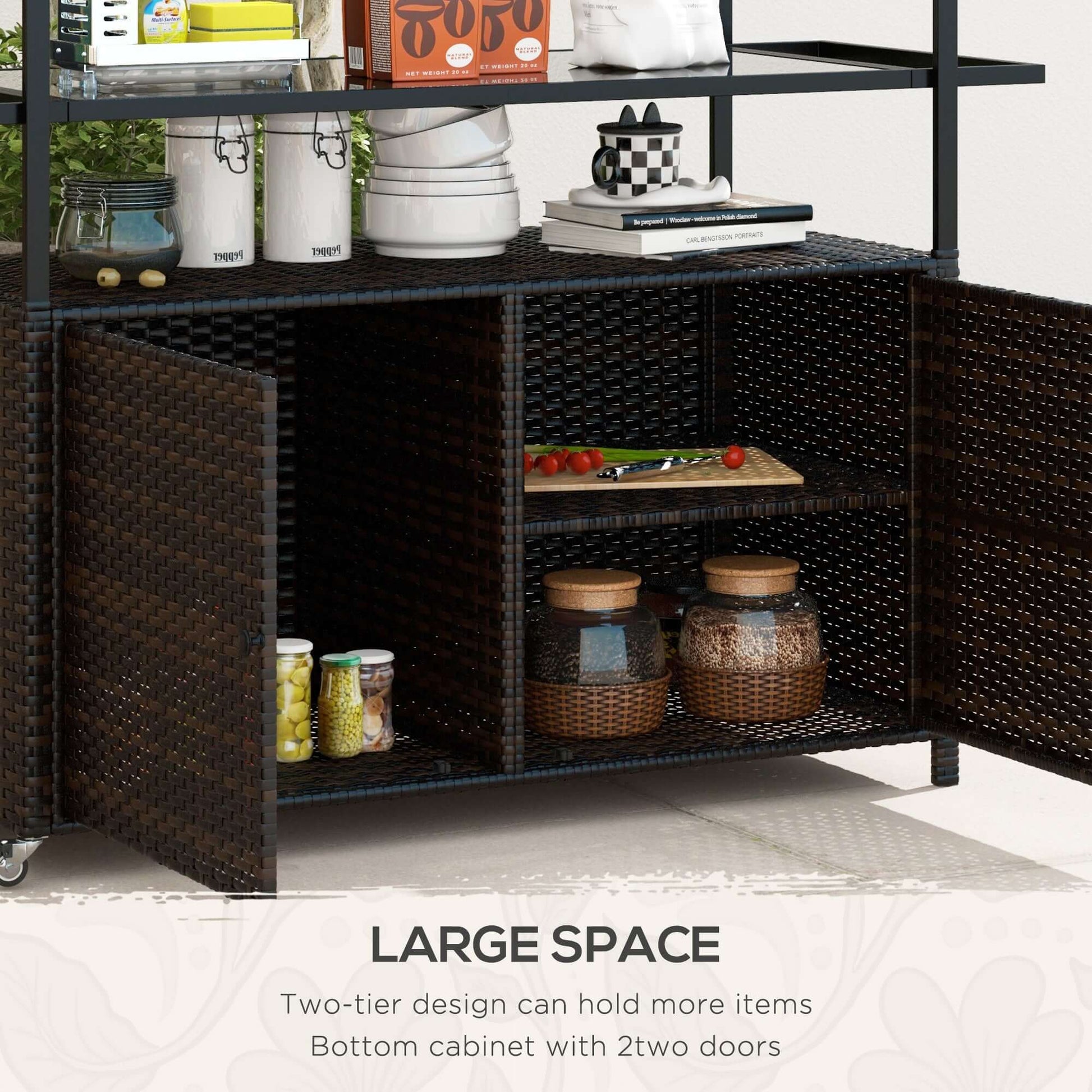 HOMCOM 2-Tier PE Rattan Outdoor Bar Cart, Glass Top Outdoor Kitchen Island with Cabinet, Mixed Brown