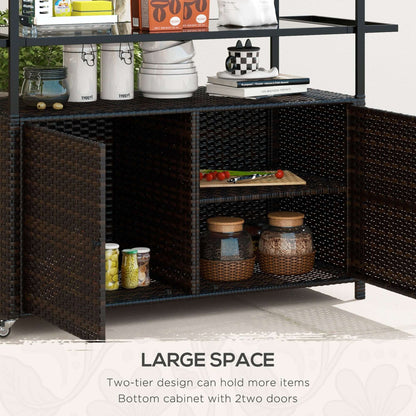 HOMCOM 2-Tier PE Rattan Outdoor Bar Cart, Glass Top Outdoor Kitchen Island with Cabinet, Mixed Brown