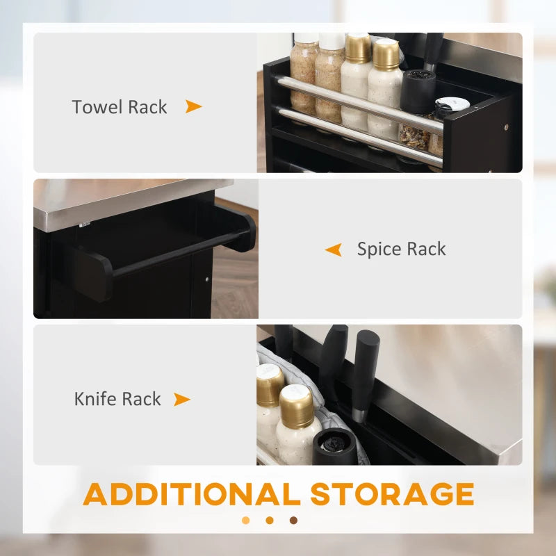 HOMCOM Portable Kitchen Island Rolling Cart Stainless Steel Top Storage Spice Rack Drawers Cabinets Black | Aosom Canada
