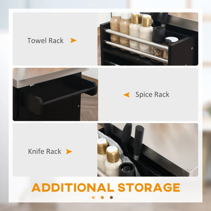 HOMCOM Portable Kitchen Island Rolling Cart Stainless Steel Top Storage Spice Rack Drawers Cabinets Black | Aosom Canada