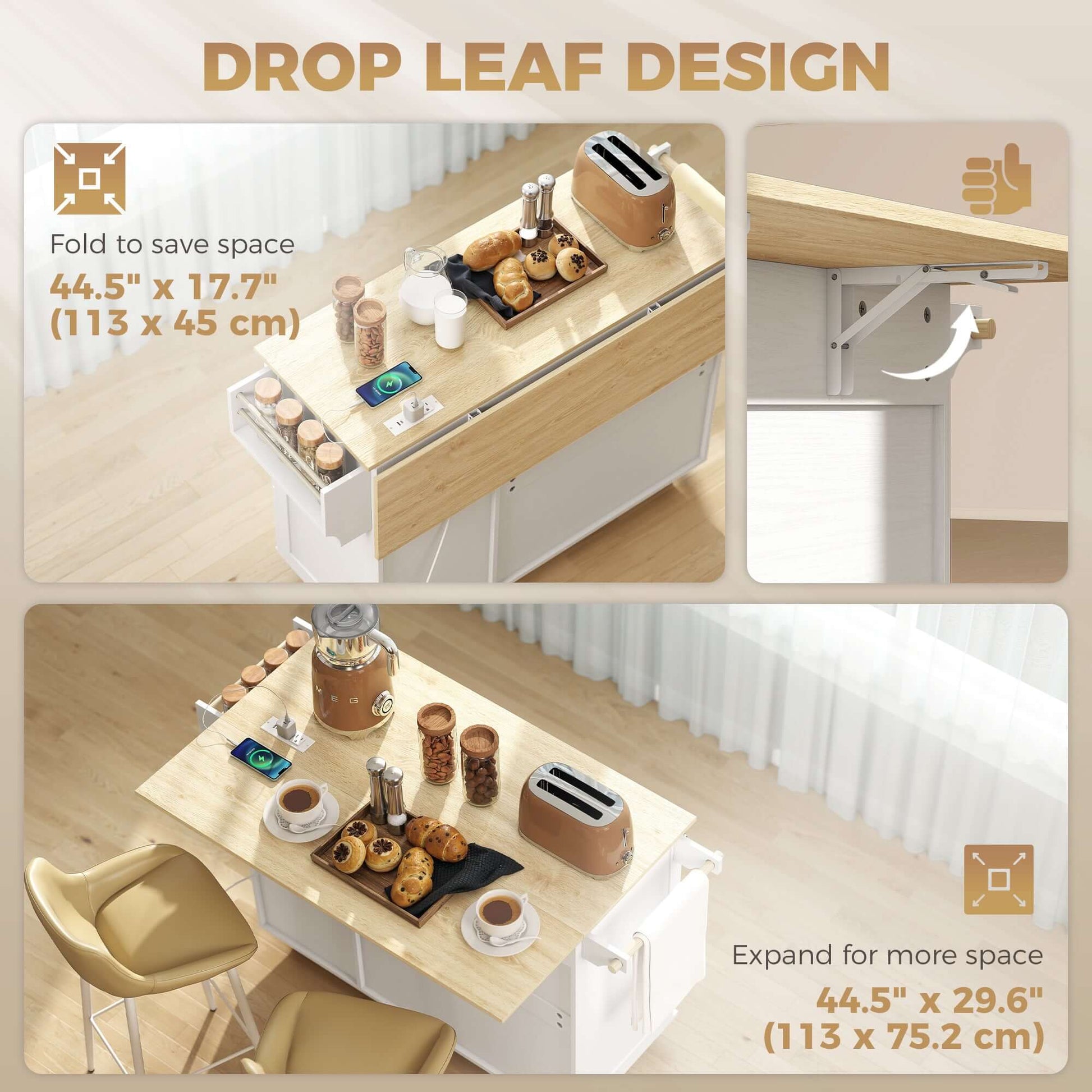 HOMCOM Kitchen Island with Drop Leaf, Rolling Kitchen Cart with Power Outlet, Cabinet, 3 Drawers, Spice Rack, Towel Bar, White