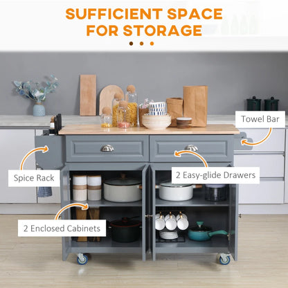 HOMCOM Rolling Kitchen Island: Drop-Leaf Wood Top, Drawers & Cabinets for Extra Storage, Grey | Aosom Canada