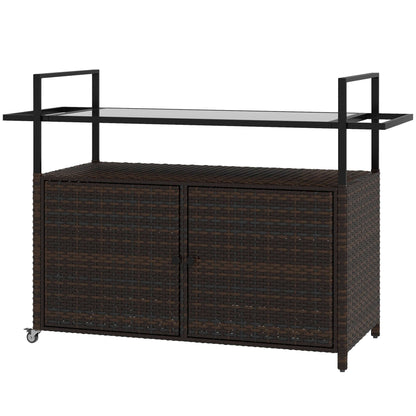 HOMCOM 2-Tier PE Rattan Outdoor Bar Cart, Glass Top Outdoor Kitchen Island with Cabinet, Mixed Brown