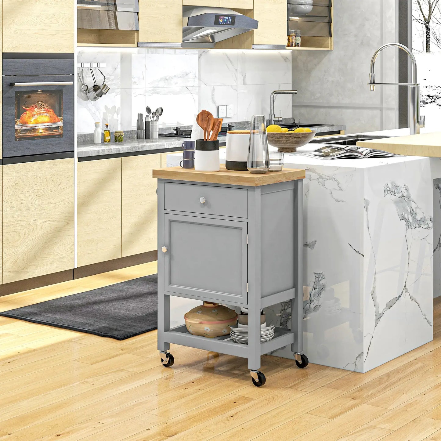 HOMCOM Kitchen Cart on Wheels, Rolling Kitchen Island Cart with Wood Top, Towel Rack, Drawer and Shelf for Dining Area, Grey