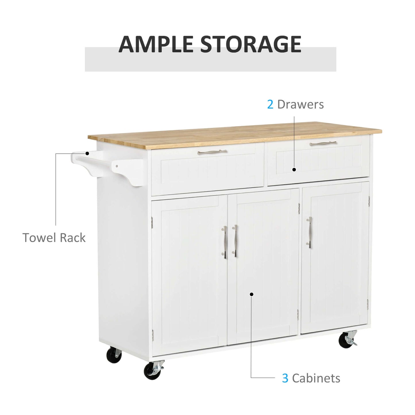 HOMCOM 48" Kitchen Island with Storage and Solid Wood Top, Rolling Kitchen Cart on Wheels with 2 Storage Drawers, 3 Doors and Towel Rack for Dining Room, White