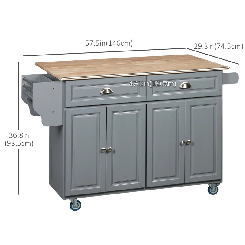 HOMCOM Rolling Kitchen Island: Drop-Leaf Wood Top, Drawers & Cabinets for Extra Storage, Grey | Aosom Canada