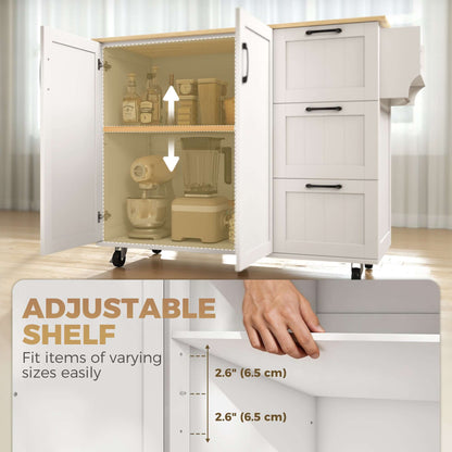 HOMCOM Kitchen Island with Drop Leaf, Rolling Kitchen Cart with Power Outlet, Cabinet, 3 Drawers, Spice Rack, Towel Bar, White