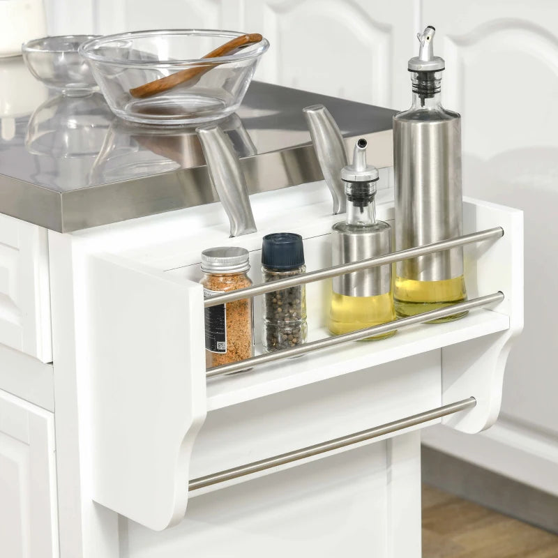 HOMCOM Versatile Kitchen Workstation: Rolling Island Cart with Stainless Steel Top, Spice Rack, Drawers & White Finish | Aosom Canada