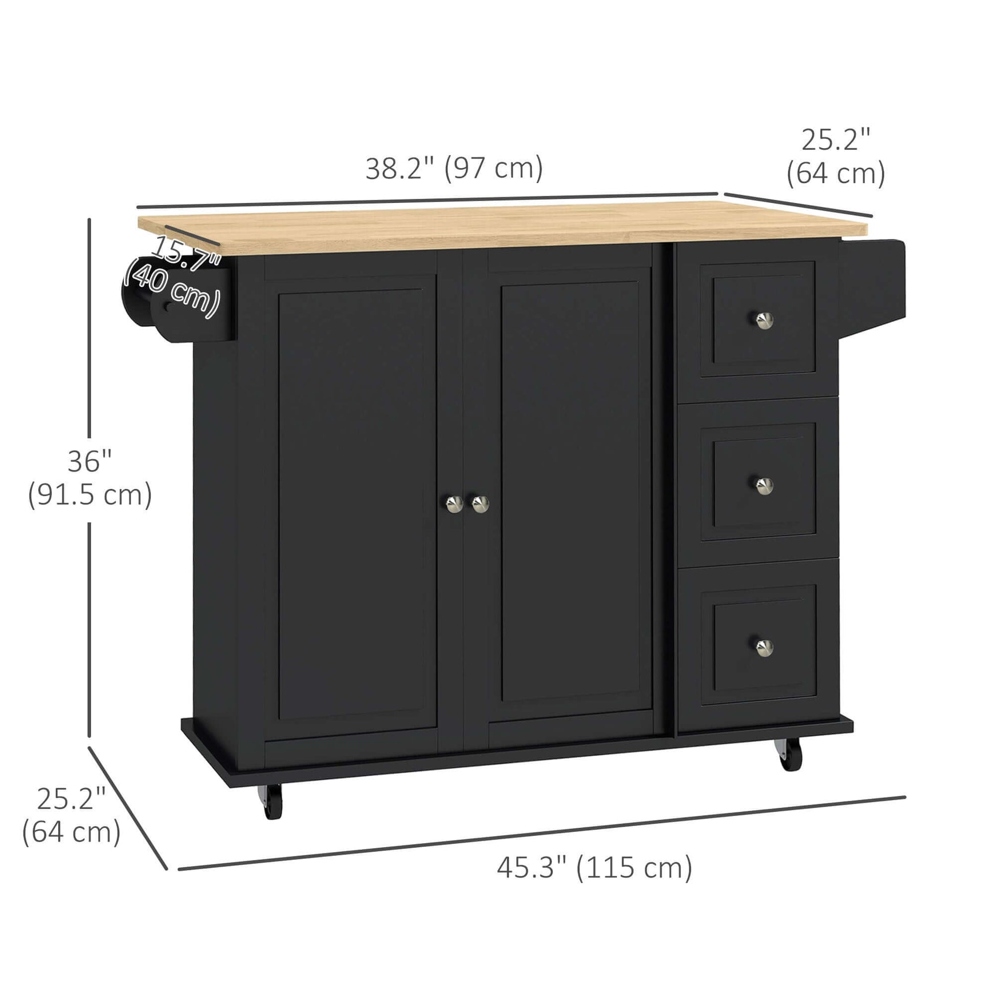 HOMCOM Kitchen Island on Wheels, Kitchen Cart with Drop Leaf, Drawers, Black