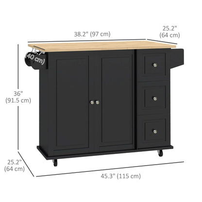HOMCOM Kitchen Island on Wheels, Kitchen Cart with Drop Leaf, Drawers, Black