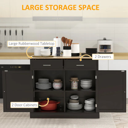 HOMCOM Ebony Culinary Companion: Black Kitchen Island with Beadboard, Rubberwood Cart, 2 Drawers, Adjustable Shelves for Storage | Aosom Canada