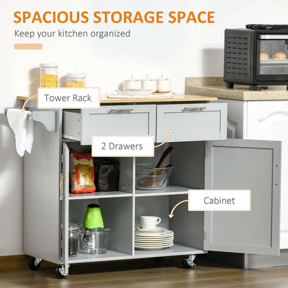 HOMCOM 41" Kitchen Island with Storage and Solid Wood Top, Rolling Kitchen Cart on Wheels with 2 Storage Drawers, 2 Doors and Towel Rack for Dining Room, Grey