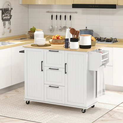 HOMCOM Kitchen Island Cart: On Wheels, Drop Leaf, 3 Drawers, Cabinets, Natural Wood Top, White | Aosom Canada