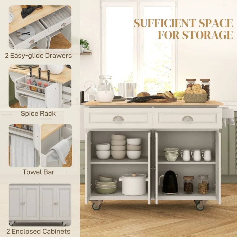 HOMCOM Kitchen Island with Storage, Rolling Kitchen Island with Drop Leaf, Rubber Wood Top and Adjustable Shelves, Cream White | Aosom Canada