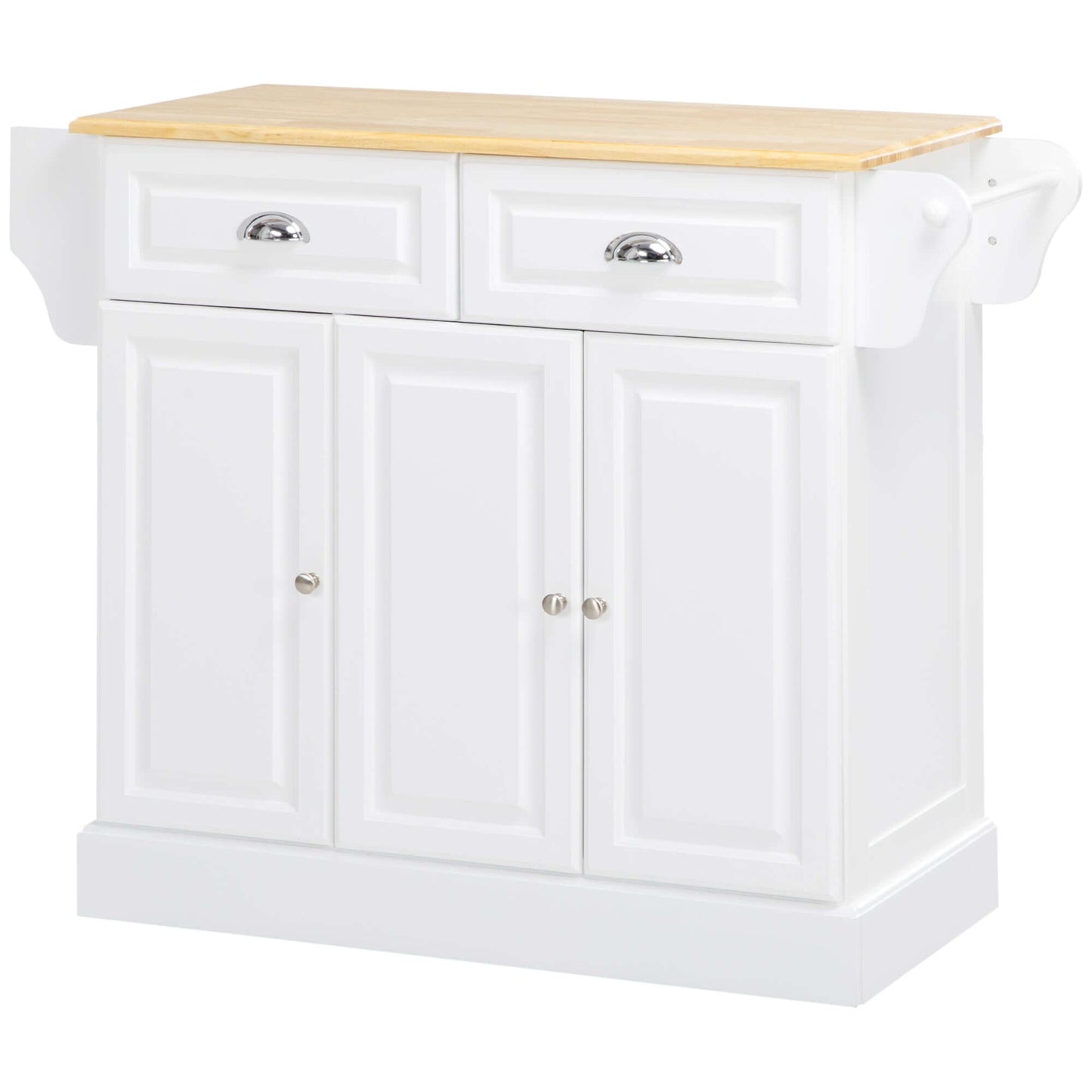 HOMCOM Kitchen Island With Storage Rolling Kitchen Serving Cart with Rubber Wood Top Towel Rack Storage Drawer Cabinet, White