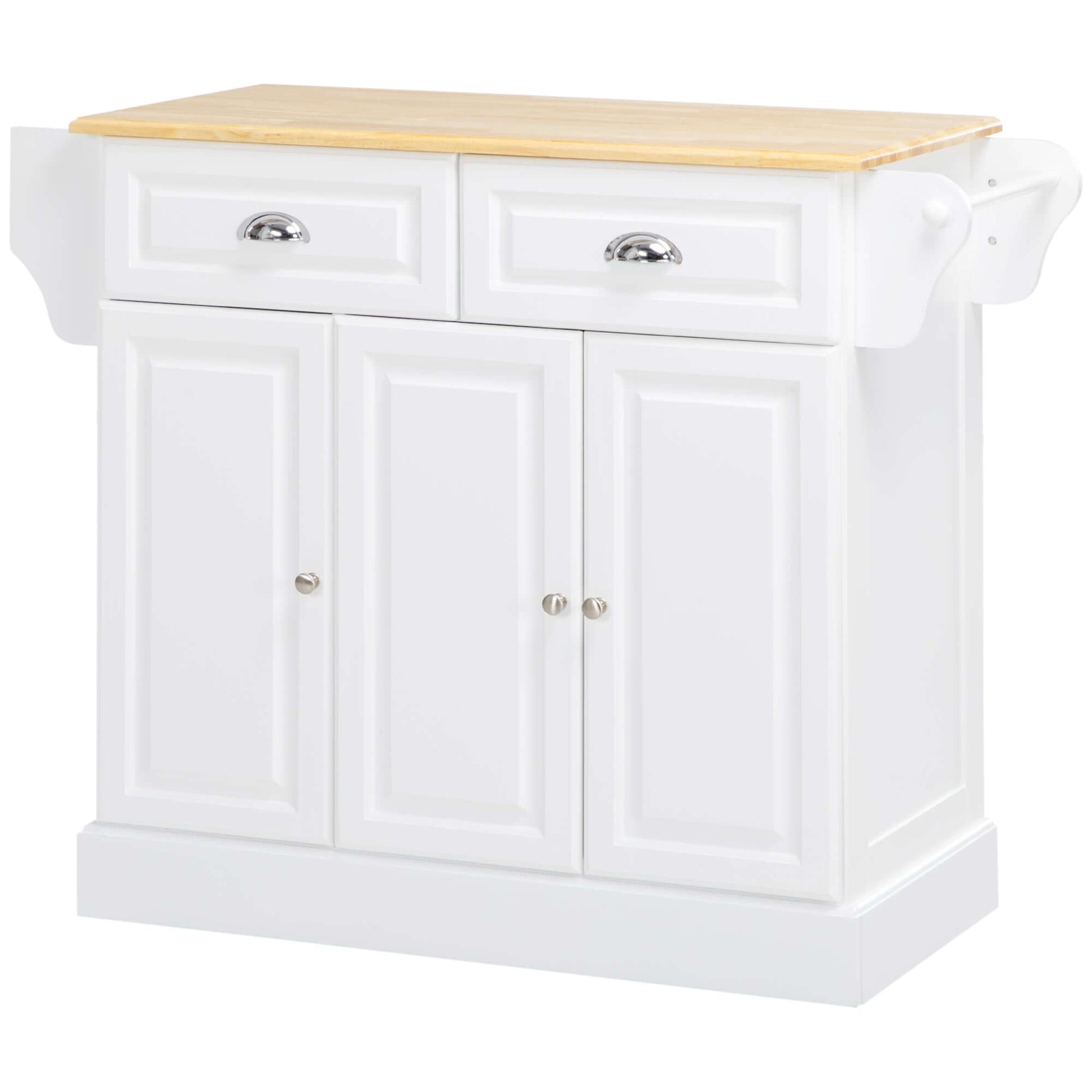 HOMCOM Kitchen Island With Storage Rolling Kitchen Serving Cart with Rubber Wood Top Towel Rack Storage Drawer Cabinet, White