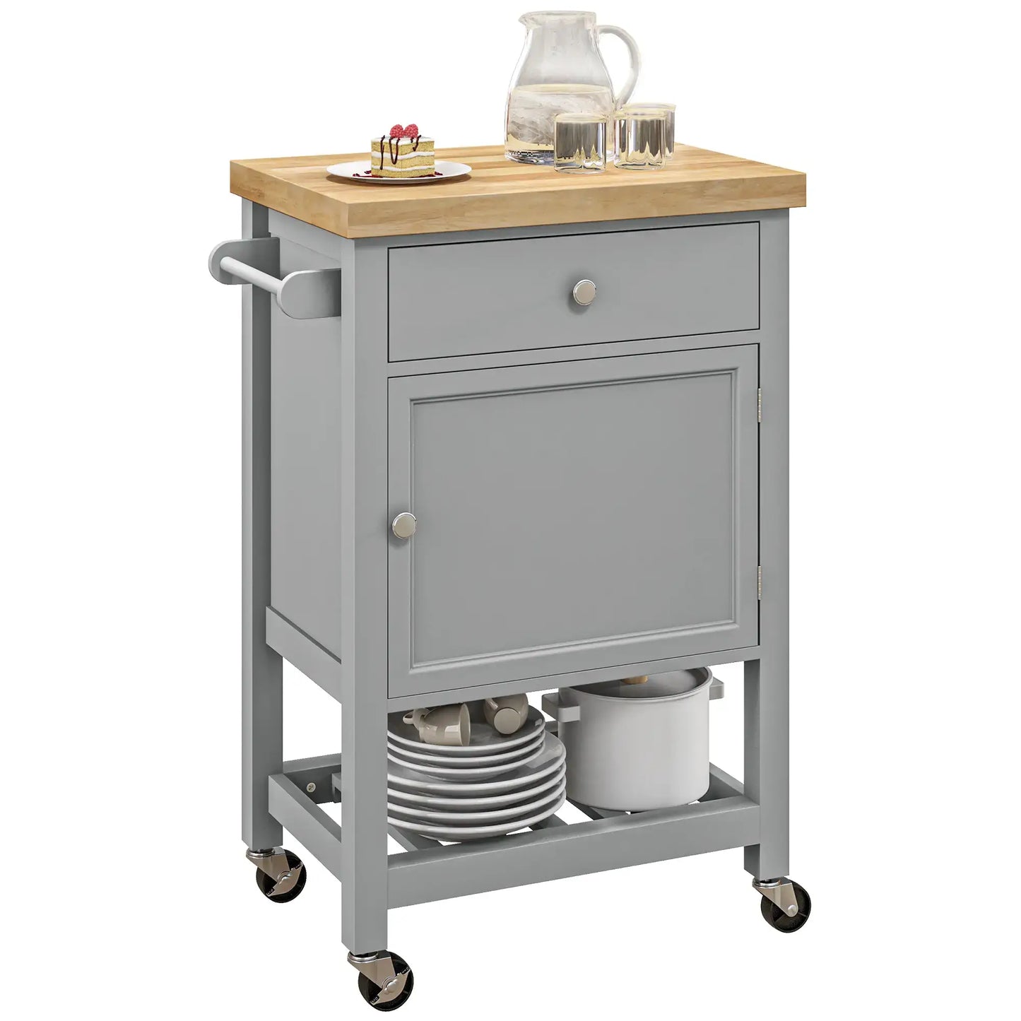 HOMCOM Kitchen Cart on Wheels, Rolling Kitchen Island Cart with Wood Top, Towel Rack, Drawer and Shelf for Dining Area, Grey