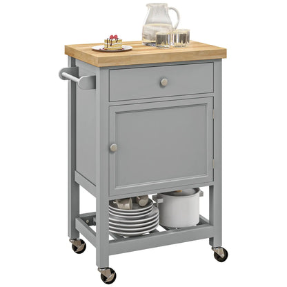 HOMCOM Kitchen Cart on Wheels, Rolling Kitchen Island Cart with Wood Top, Towel Rack, Drawer and Shelf for Dining Area, Grey