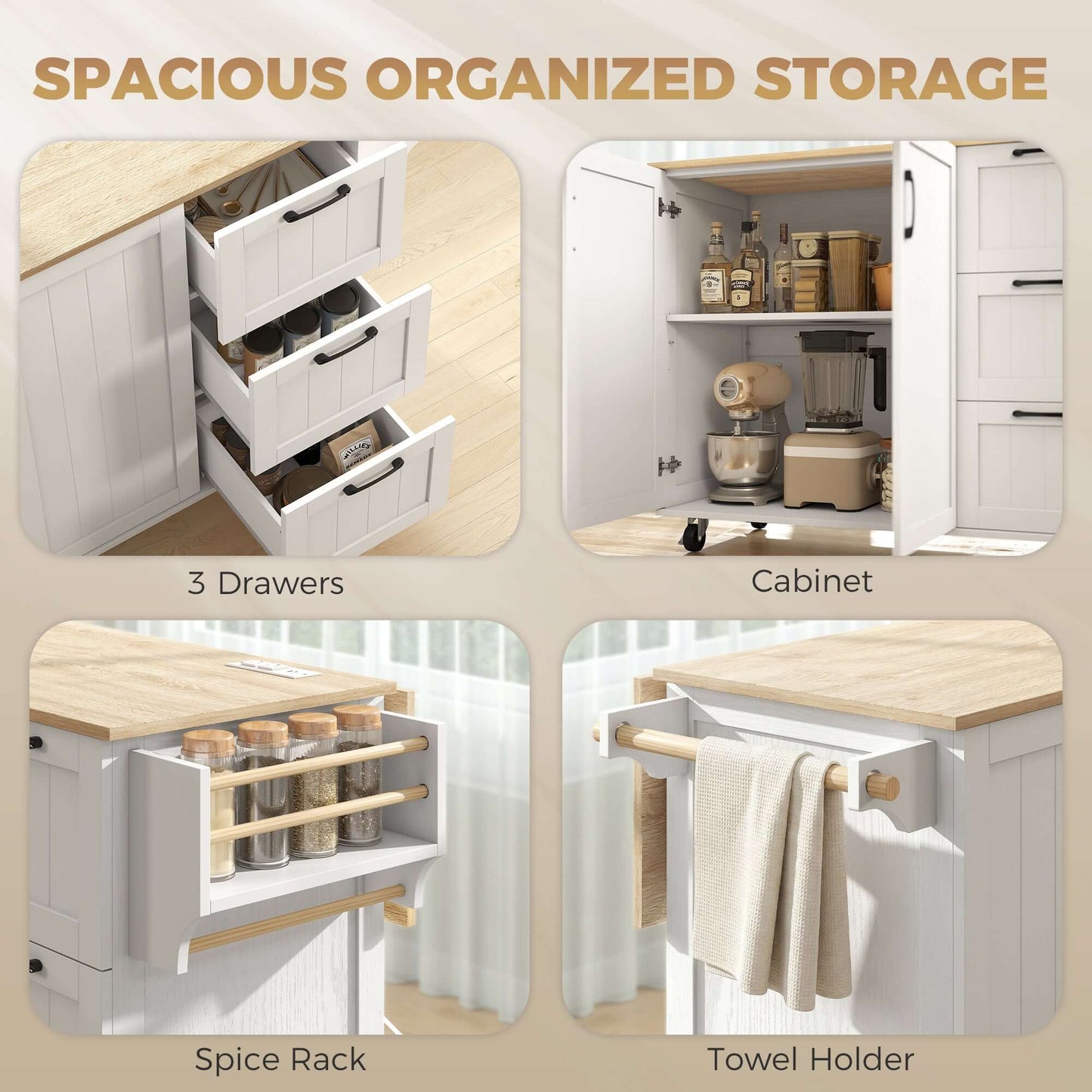HOMCOM Kitchen Island with Drop Leaf, Rolling Kitchen Cart with Power Outlet, Cabinet, 3 Drawers, Spice Rack, Towel Bar, White