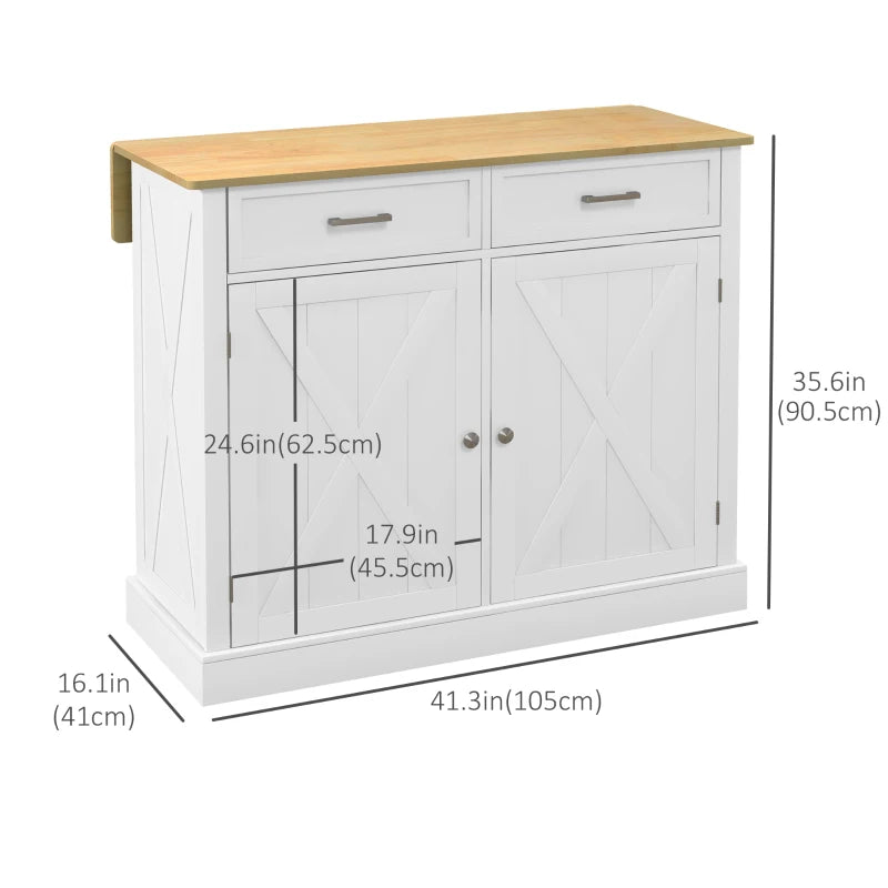 HOMCOM Farmhouse Kitchen Cart: White, Rolling Island, Drop Leaf, Wood Breakfast Bar, 2 Drawers, Adjustable Shelves | Aosom Canada