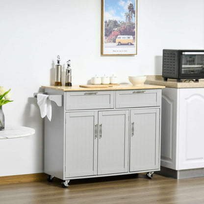 HOMCOM Rolling Kitchen Island, Kitchen Cart on Wheels with 2 Storage Drawers, 3 Door Cabinets and Towel Rack for Dining Room (Grey, 3-Doors)