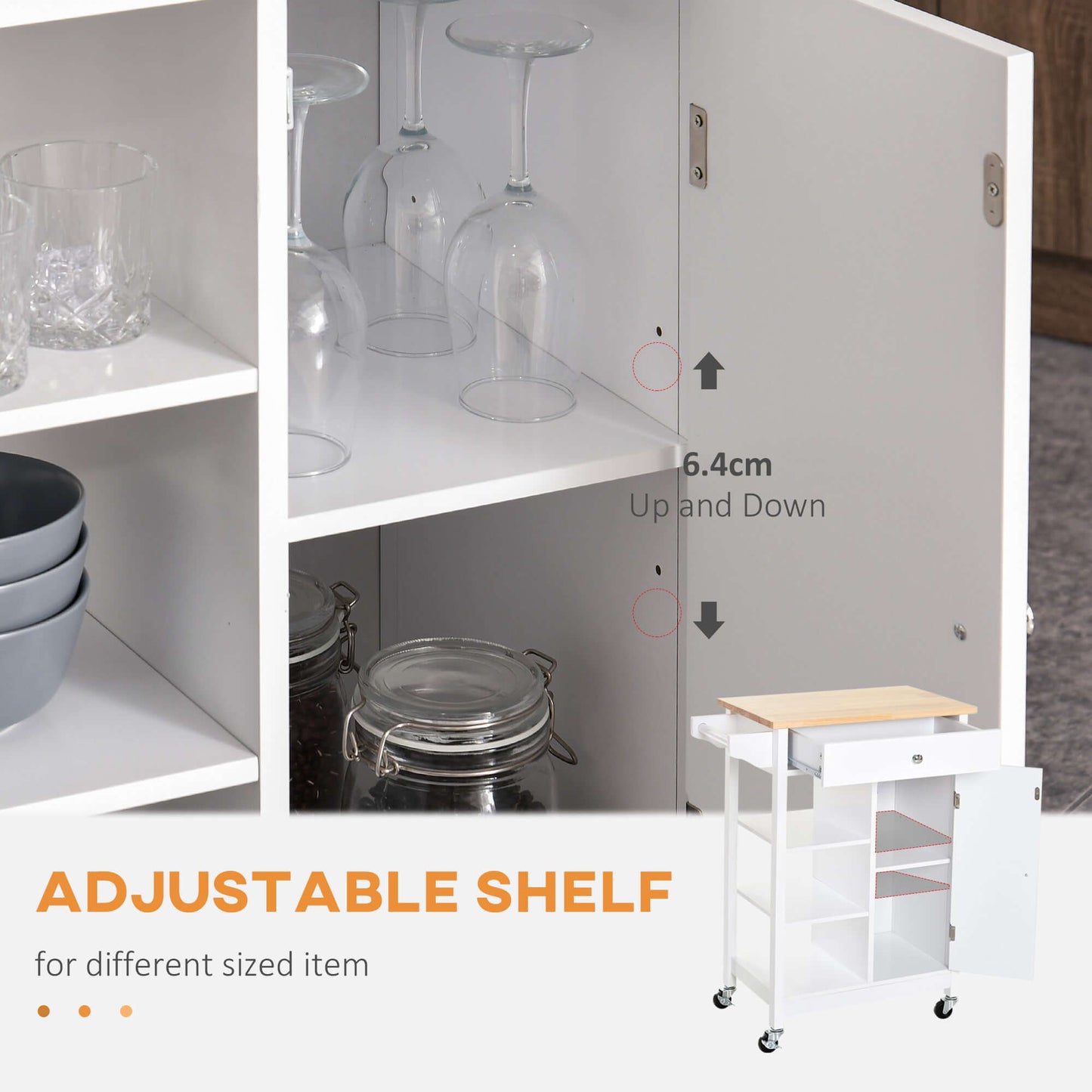 HOMCOM Modern Rolling Kitchen Island Cart with Drawer, Natural Wood Top, Towel Rack, Door Storage Cabinet, White