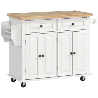 HOMCOM Kitchen Island with Storage, Rolling Trolley Cart with Rubber Wood Top, Spice Rack, Towel Rack, Grey