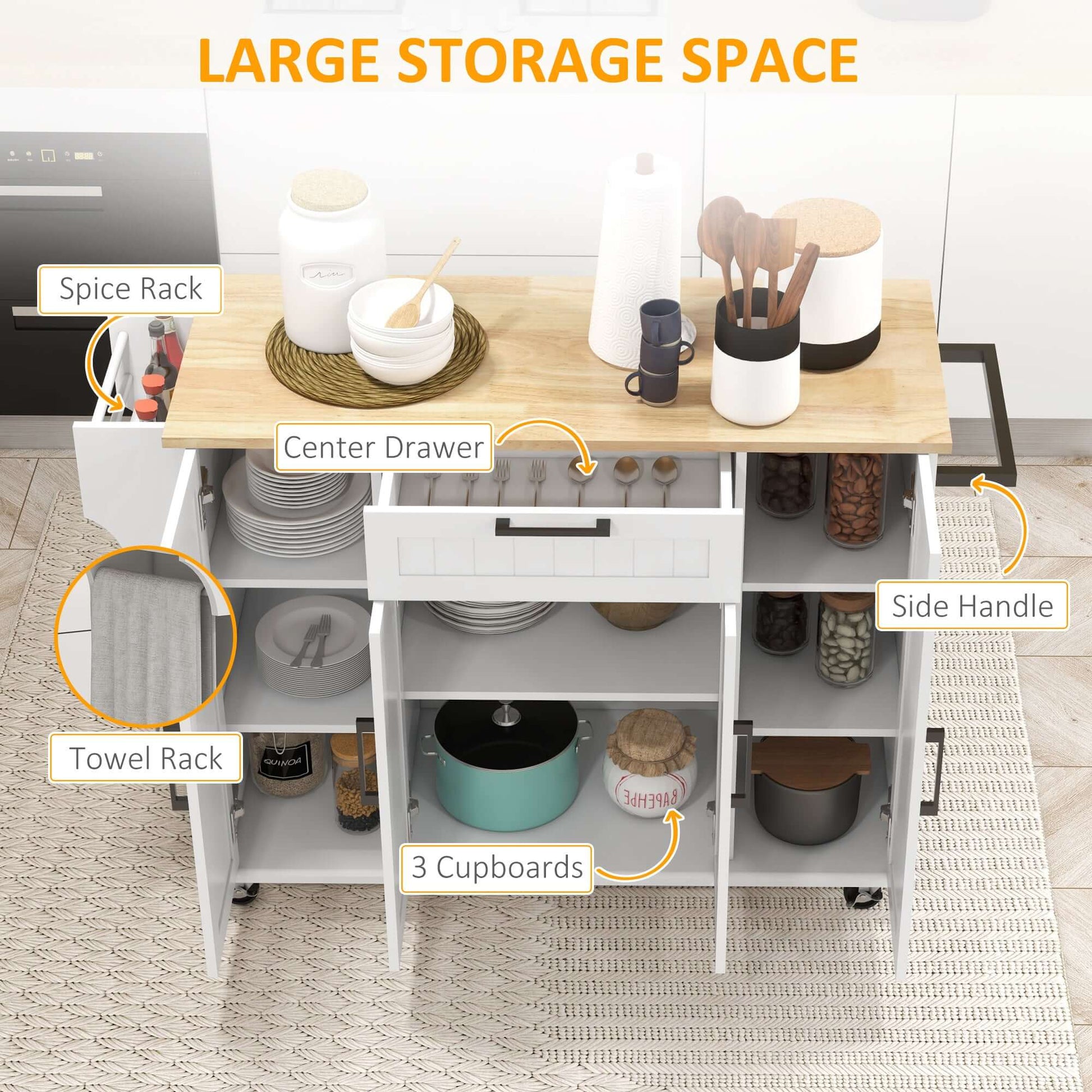 HOMCOM Modern Rolling Kitchen Island Cart with Drawers, Natural Wood Top, Towel Rack, Door Storage Cabinet, White