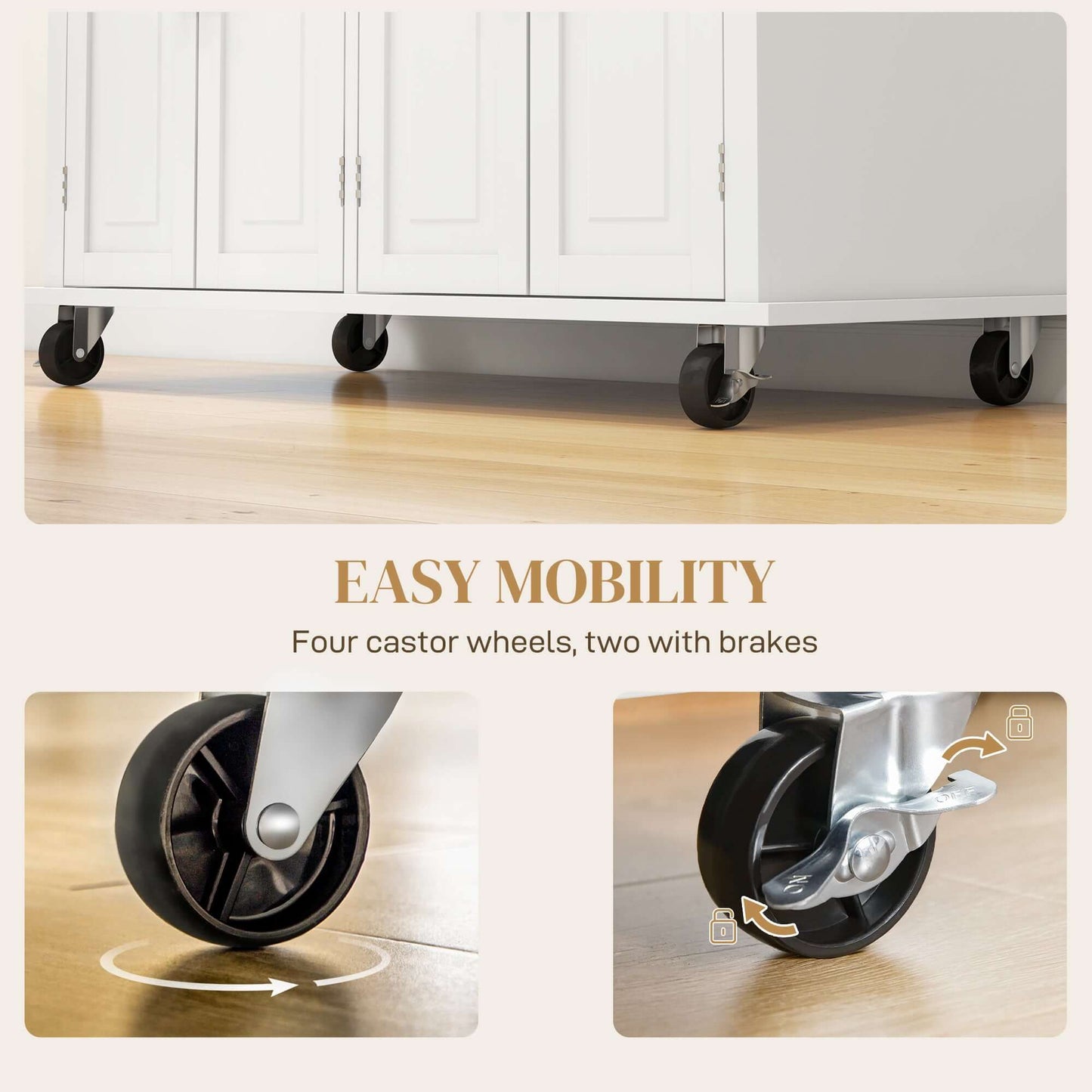 HOMCOM Kitchen Island with Storage, Rolling Trolley Cart with Rubber Wood Top, Spice Rack, Towel Rack, Cream White